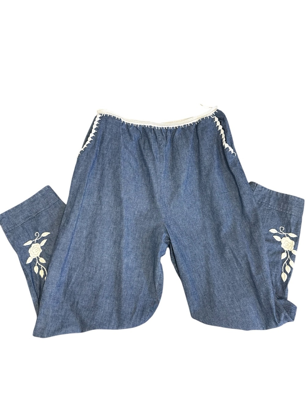 Chambray Cotton Embroidered Floral Pants Elastic Waist Boho Cottagecore Medium - Picture 3 of 7